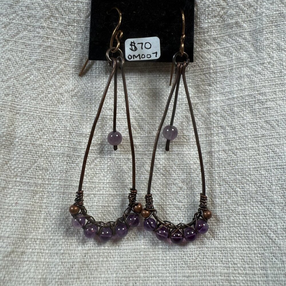 Handcrafted Copper Wire Wrapped Amethyst Stone Bead Hoop Dangle Earrings Jewelry